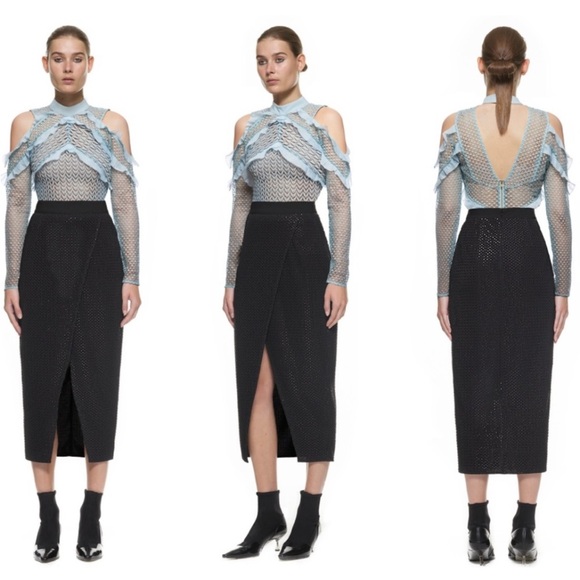 Self-Portrait PURL Lace Top CUT-OUT Ruffle Trim Long Sleeve ICE Blue 4‎ - Picture 1 of 16
